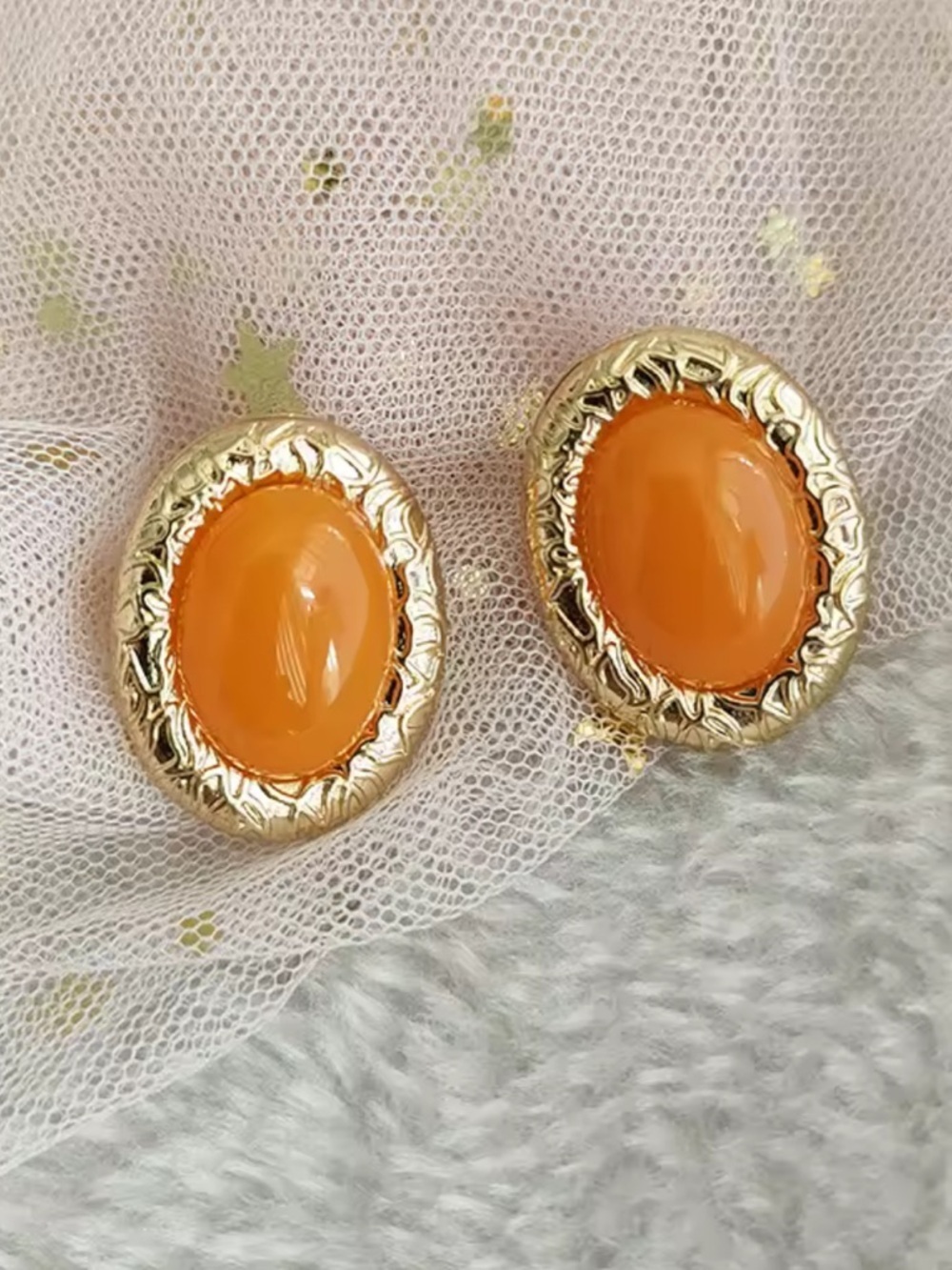 Vintage Gold Orange Cabochons Earrings